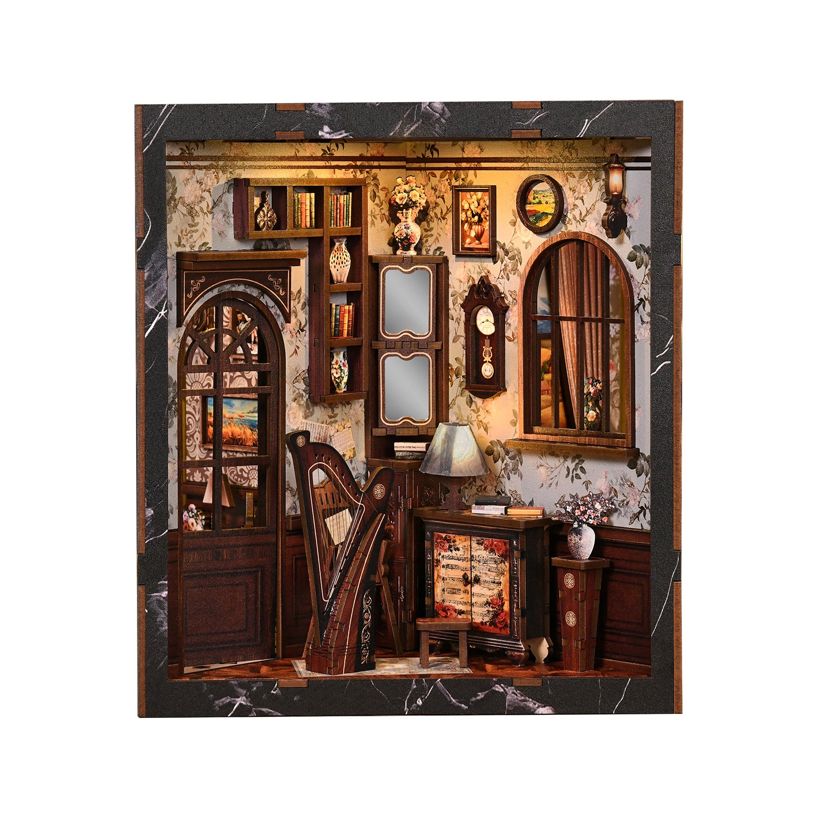 Miniature musical instrument display box with arched window, lamp, and small cabinet, front view