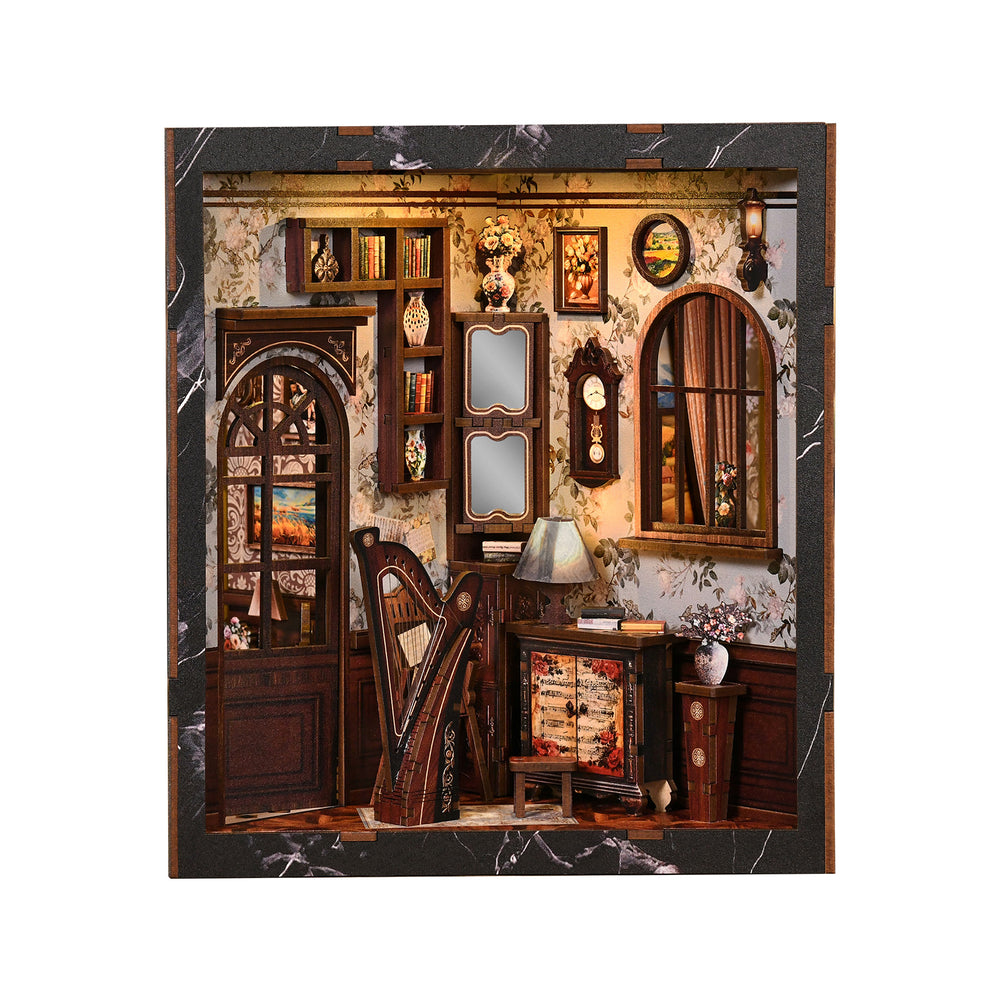 Miniature musical instrument display box with arched window, lamp, and small cabinet, front view