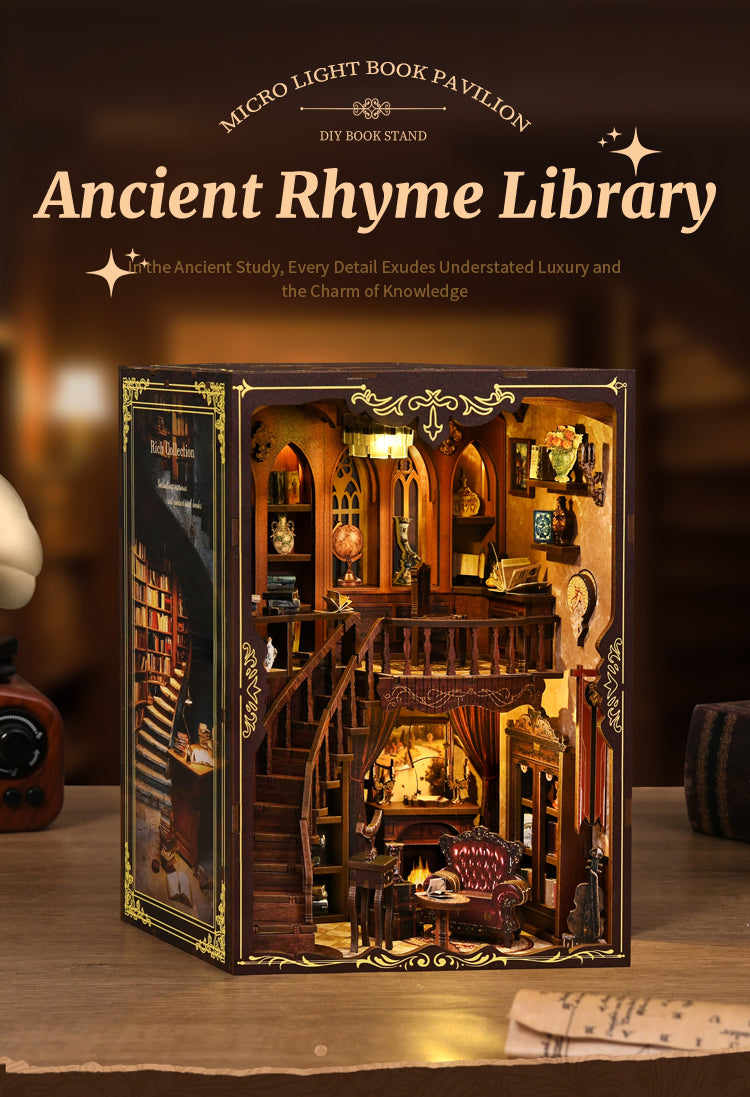 DIY miniature library kit box with an interior scene artwork and gold decorative border