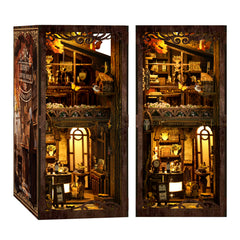 DIY book nook kit with open miniature coffee house display, warm interior lighting