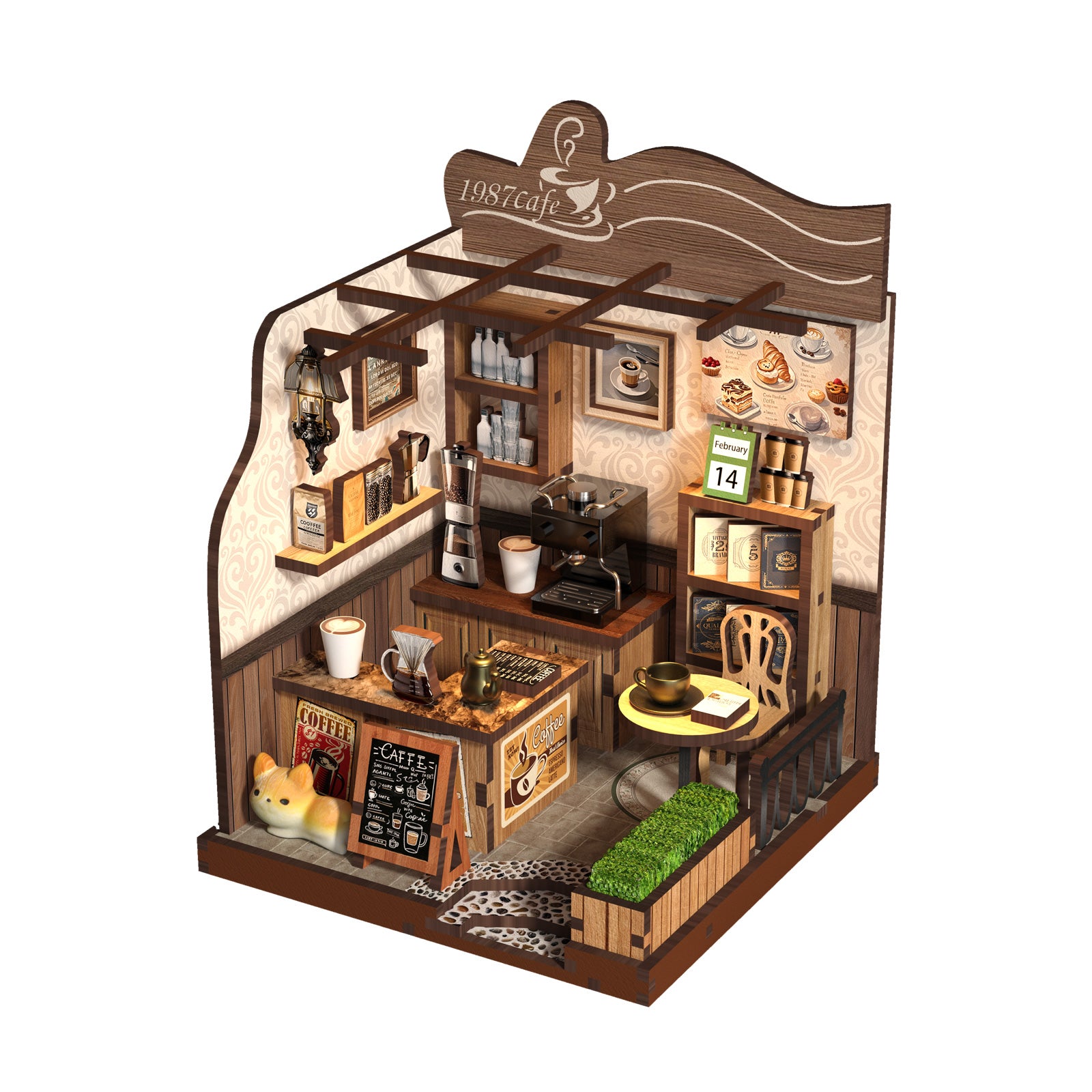DIY miniature rural coffee shop model with counter, shelves, sink, and espresso machine