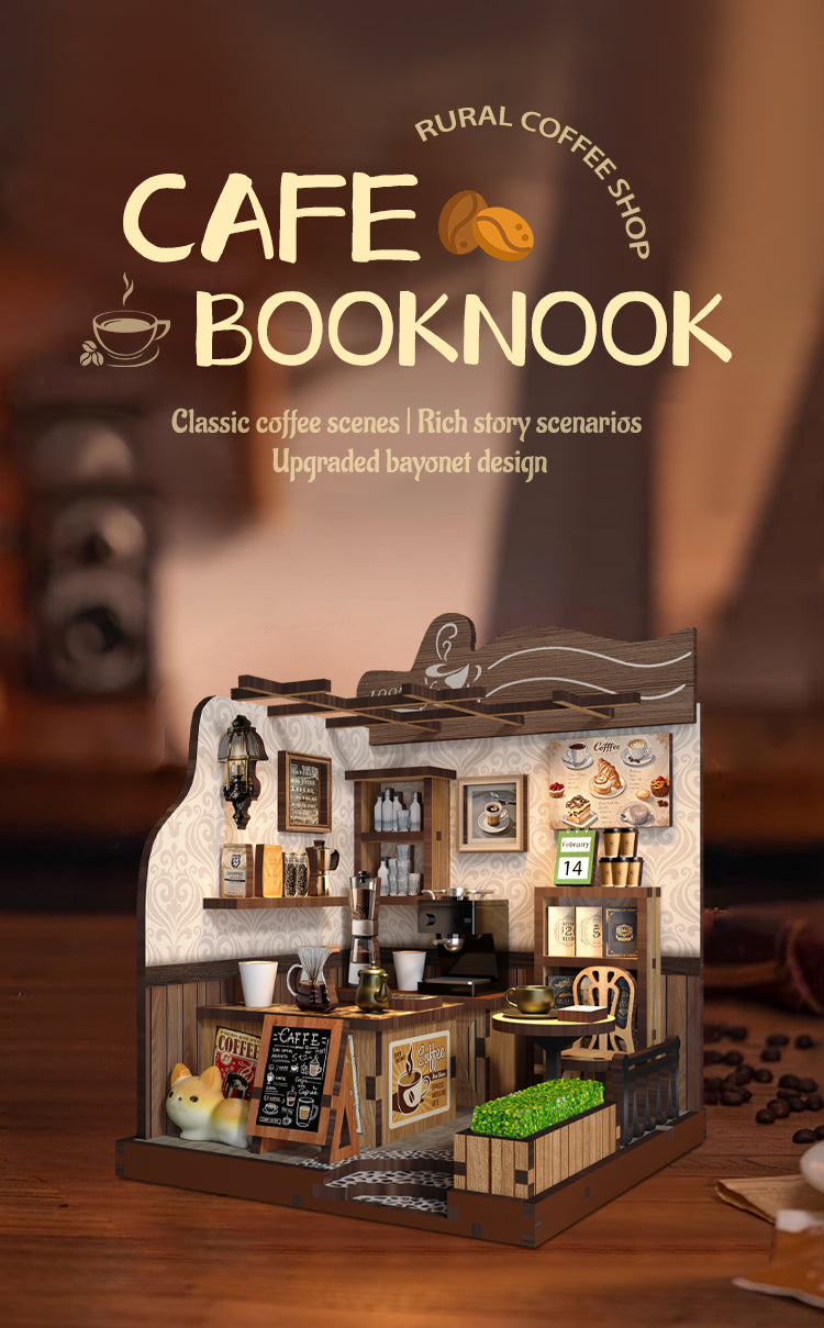 DIY miniature rural coffee shop kit box with illustrated cafe scene on the cover