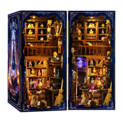 Open book nook house kit with lit wooden shelves, potion displays, and candle lights