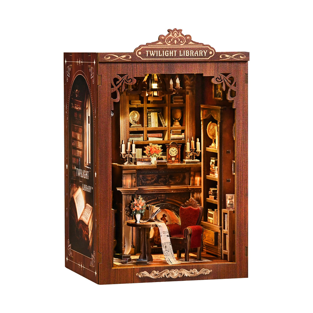 Wooden DIY mini library scene with illuminated shelves, desk, chair, and fireplace details
