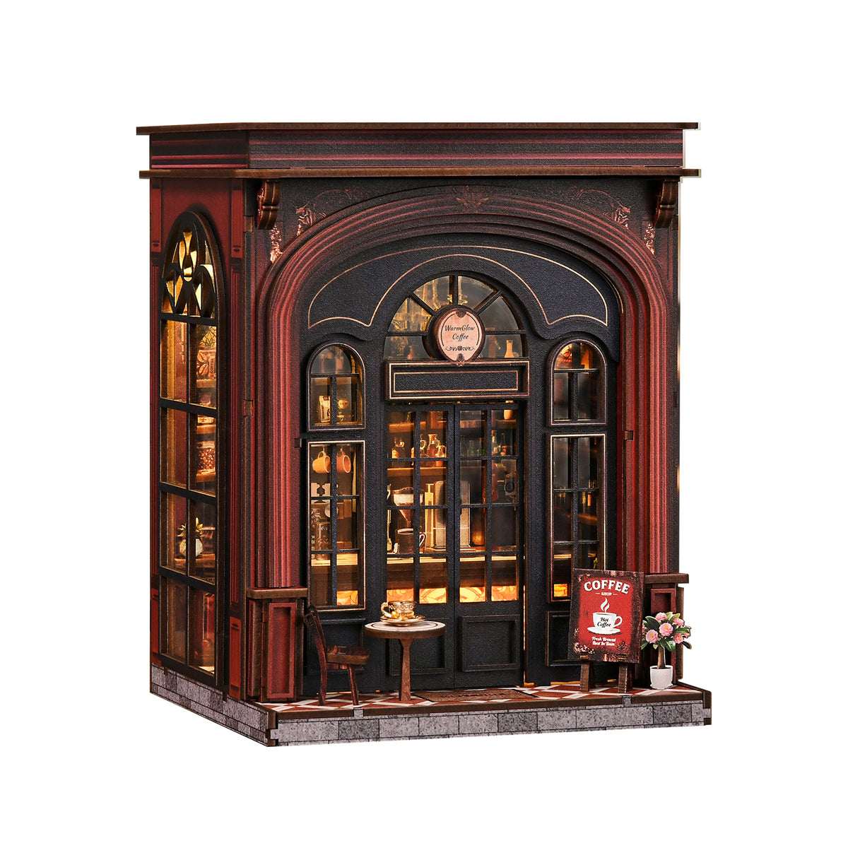 DIY book nook coffee shop miniature with arched doorway, glass shelves, and small table