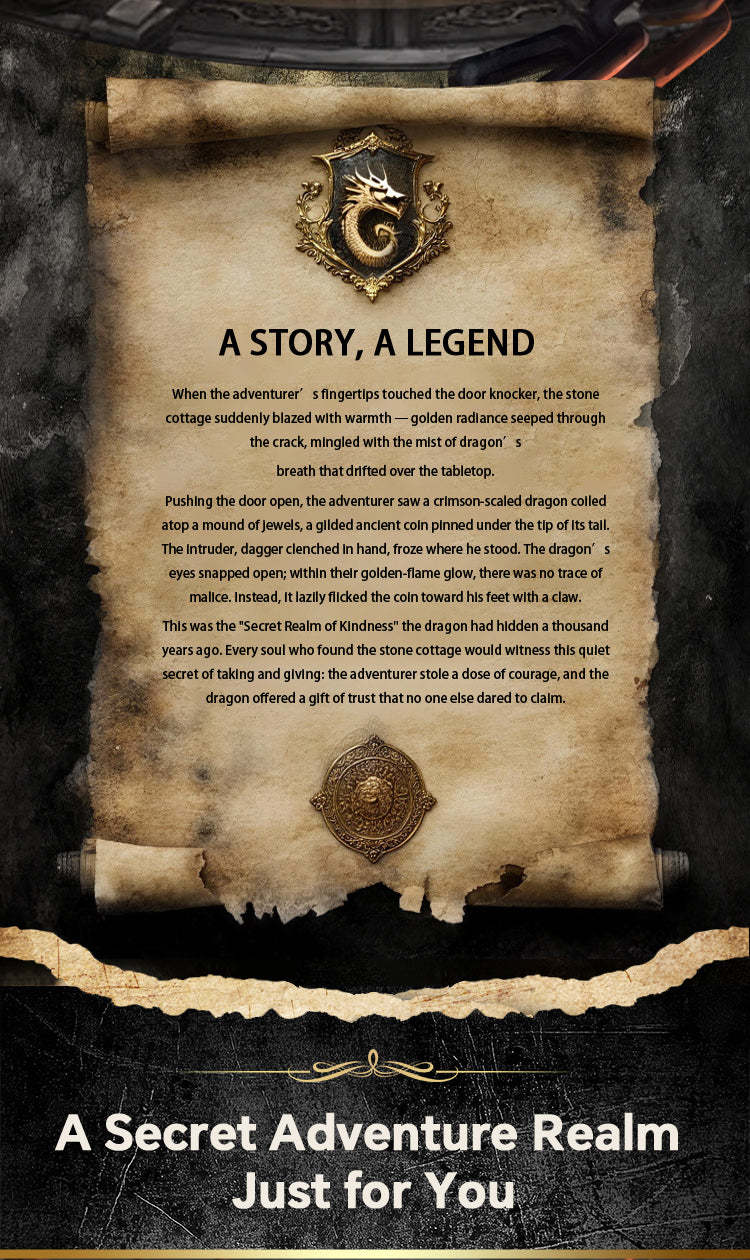 Printed story page with parchment design and decorative title text