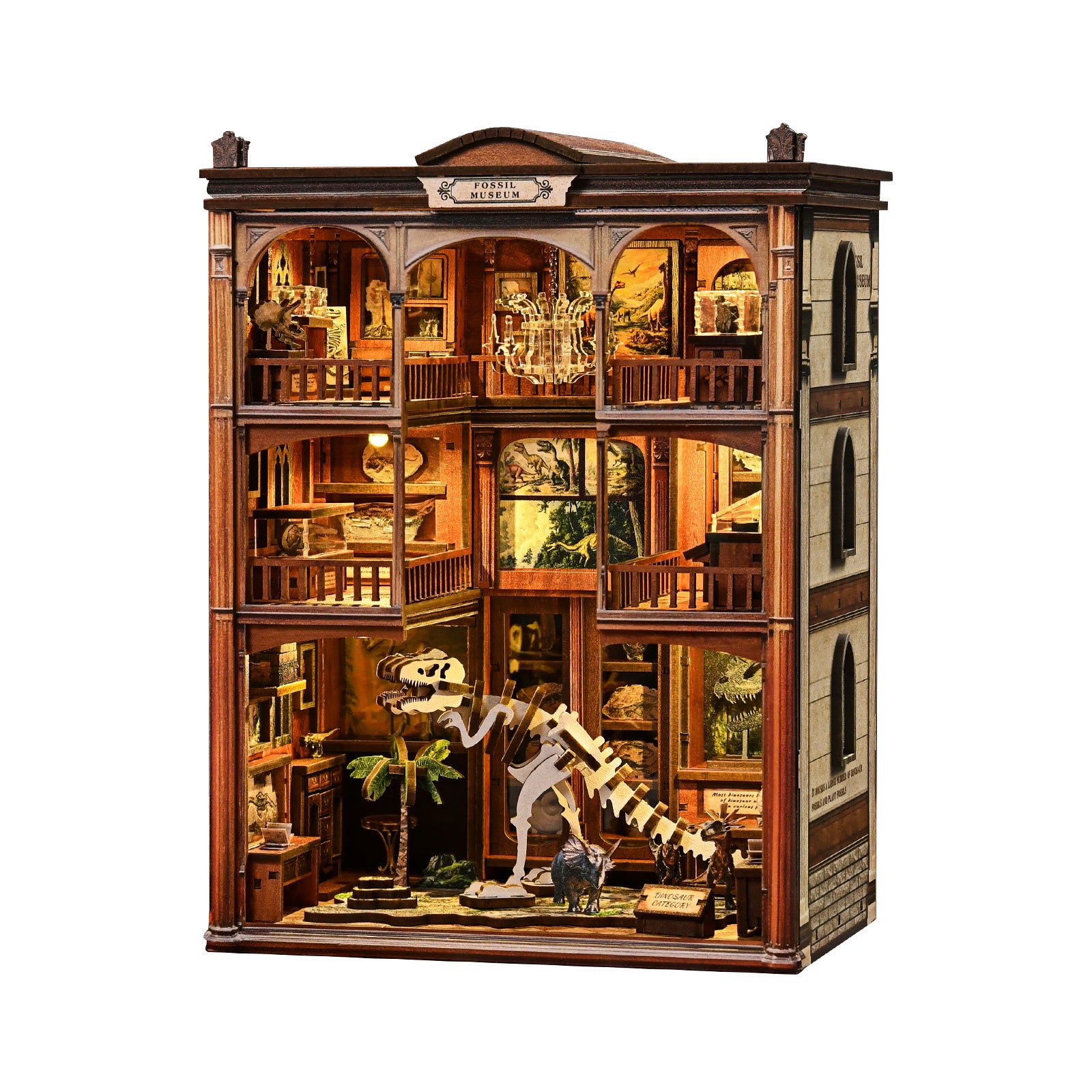 DIY miniature kit building with multi-level wooden rooms and dinosaur skeleton models