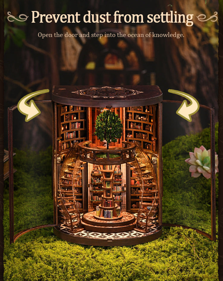 Miniature wooden book repository display with rounded top and enclosed book-shelf interior