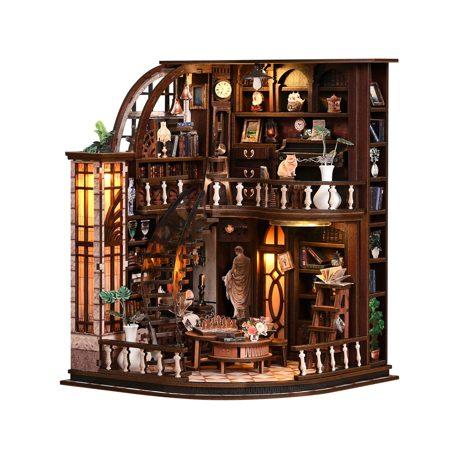 Miniature wooden bookstore dollhouse with lit shelves, arches, and display tables