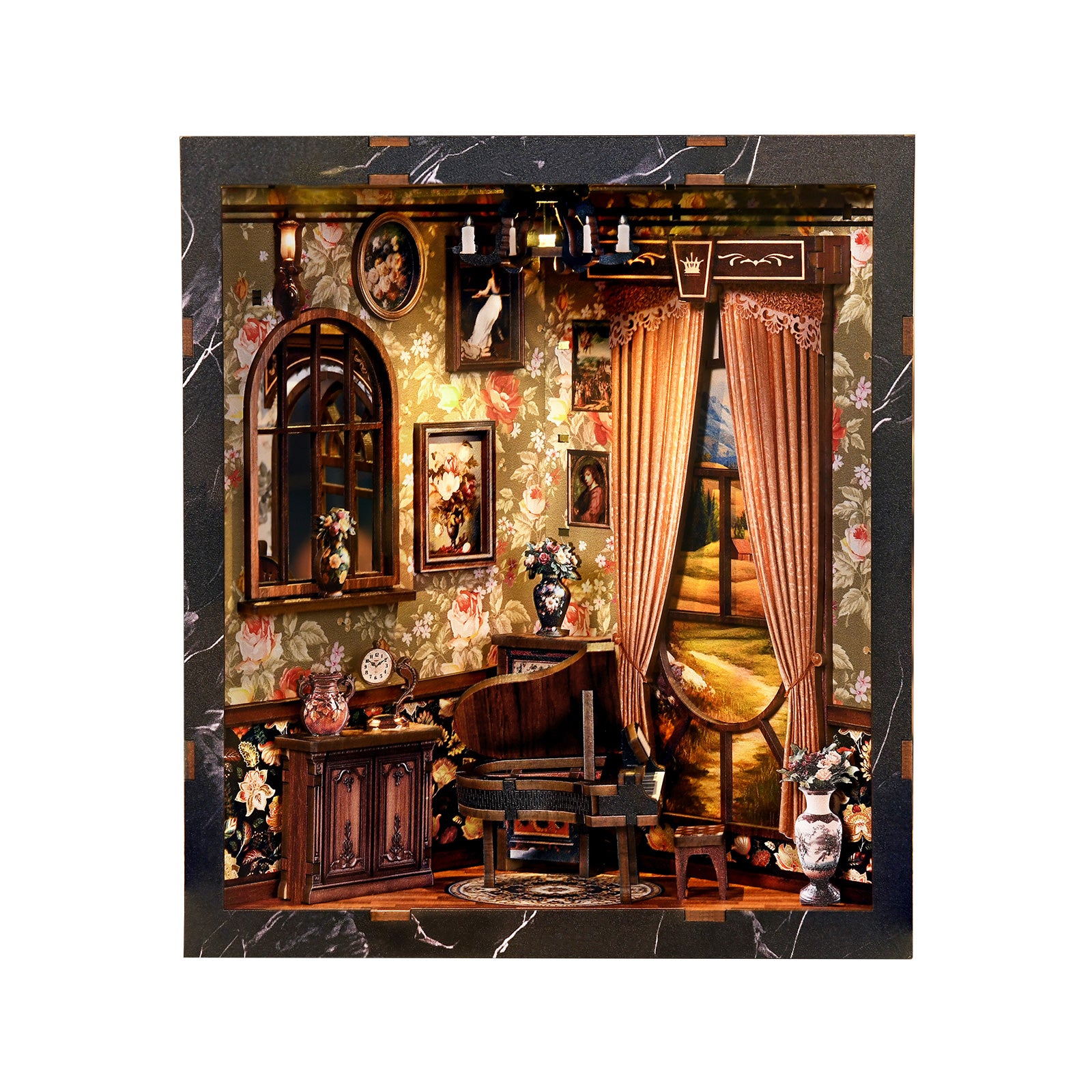 Miniature musical instrument display box with curtains, chair, and side cabinet, front view