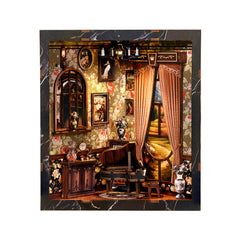 Miniature musical instrument display box with curtains, chair, and side cabinet, front view