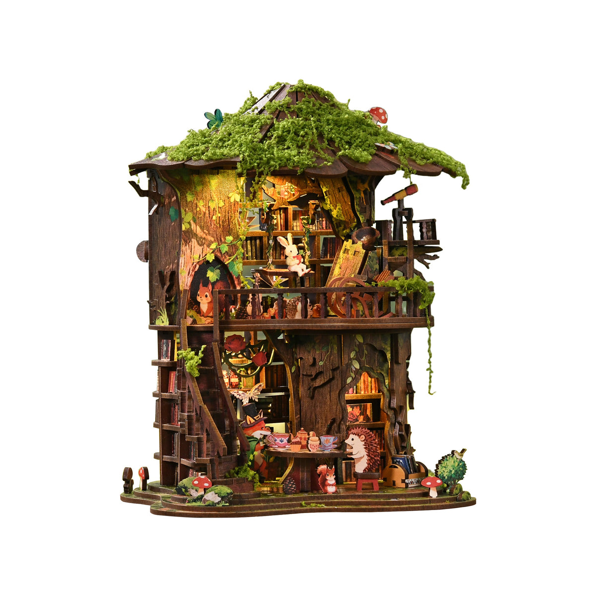 DIY miniature forest treehouse with moss roof and multi-level interior shelves