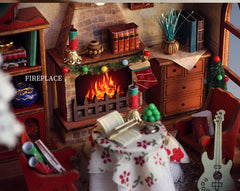 Christmas miniature dollhouse fireplace scene with fire glow and tabletop decor