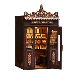 Mini shop dollhouse kit, dark brown storefront with arched doors and lit display shelves