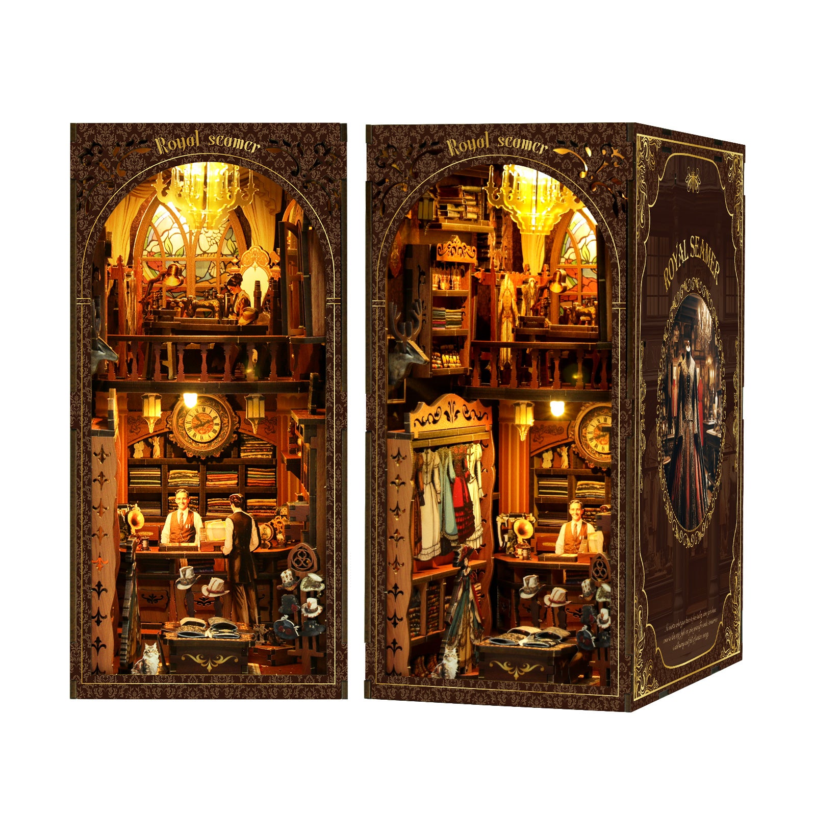 DIY book nook kit showing two views of a lit miniature room interior