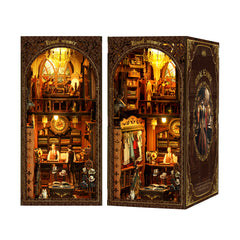 DIY book nook kit showing two views of a lit miniature room interior