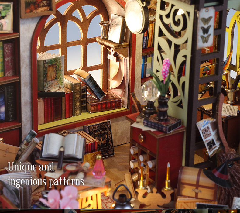 Miniature dollhouse room corner with arched window, hanging lamps, and patterned wall panel