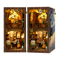 Book nook kit with open cabinet doors showing living room vignette with warm lighting