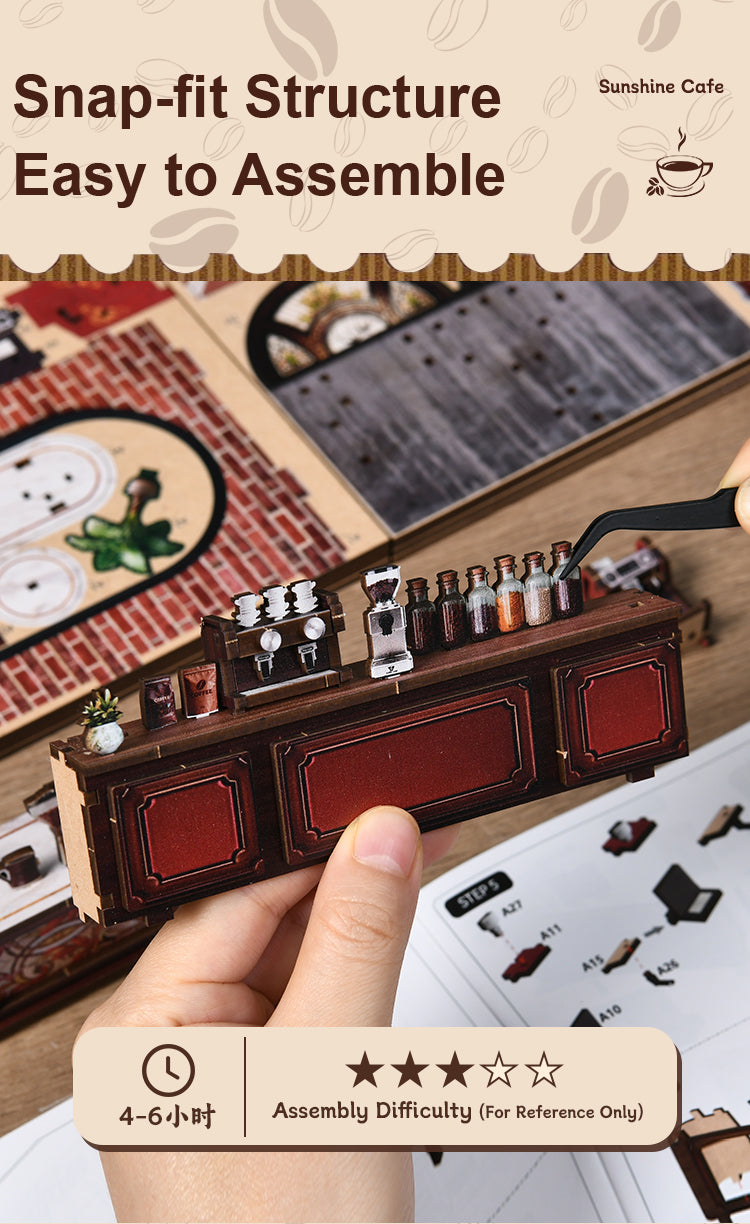 Mini book nook kit assembly, hand fitting small parts beside a wooden counter