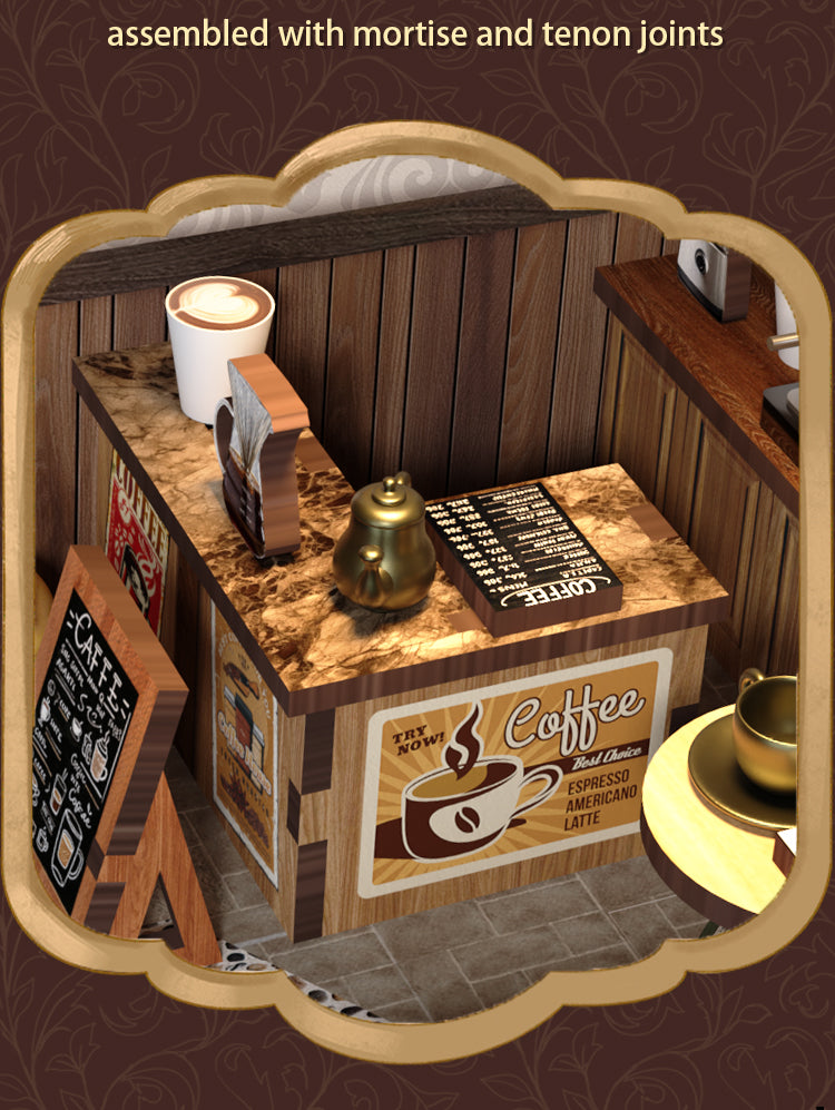 Miniature rural coffee shop model corner with table, coffee items, and gold kettle