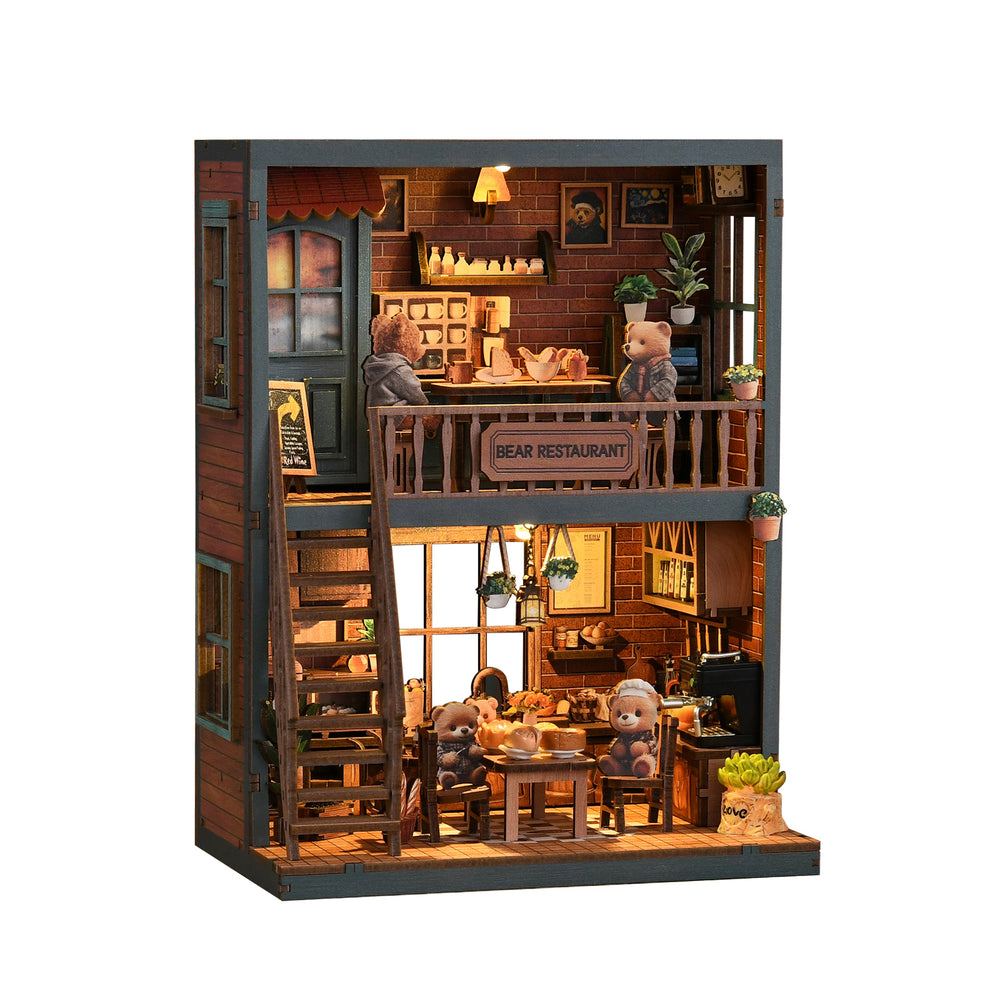 DIY mini house restaurant set with two-story wooden facade and small bear figurines