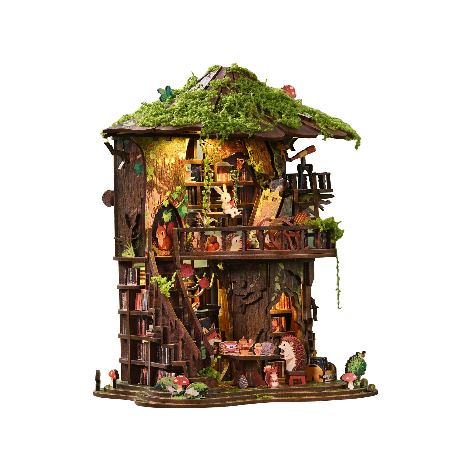 Forest treehouse diorama side view with moss roof, hanging details, and tiny rooms