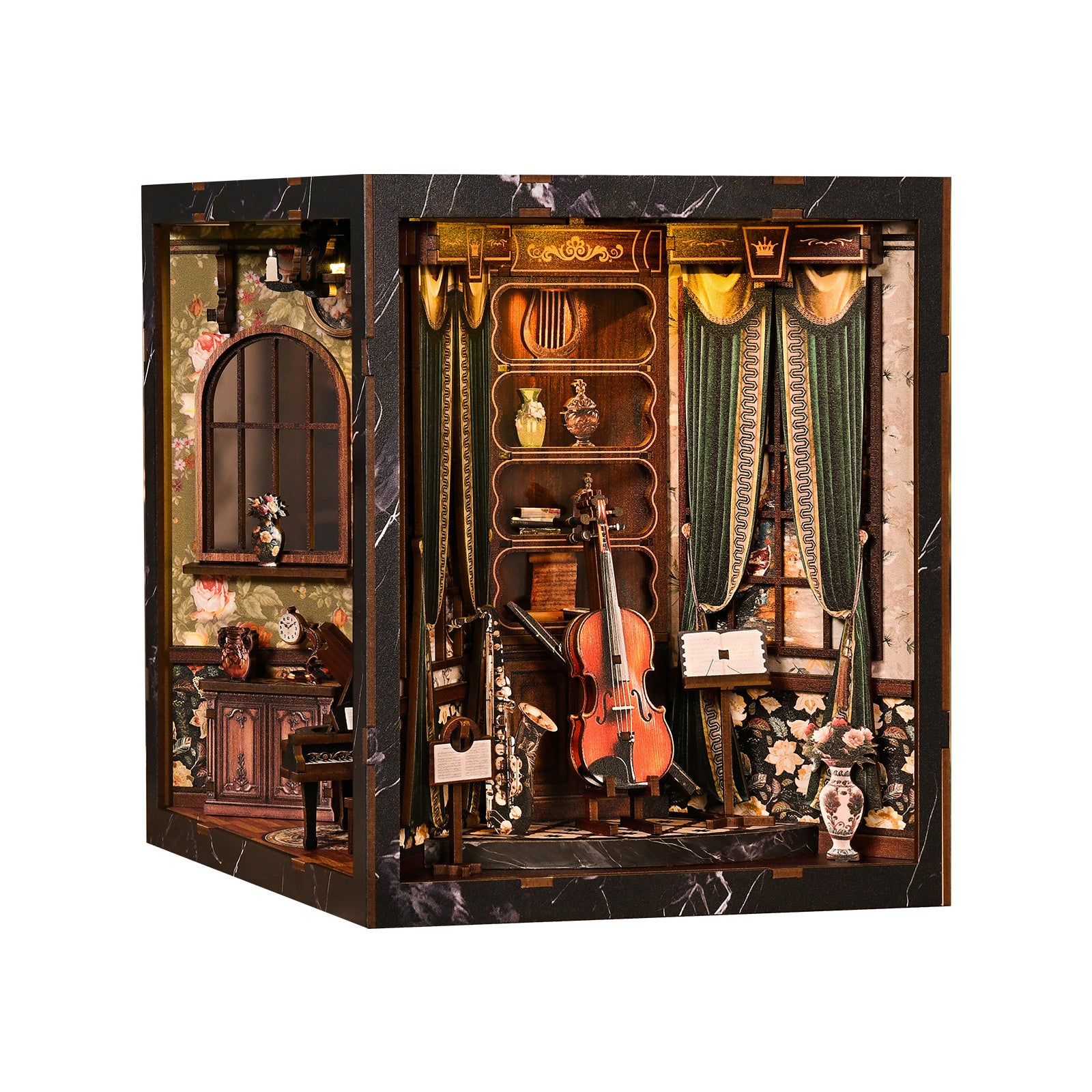 Miniature musical instrument display box with violin, shelves, and curtains, front view