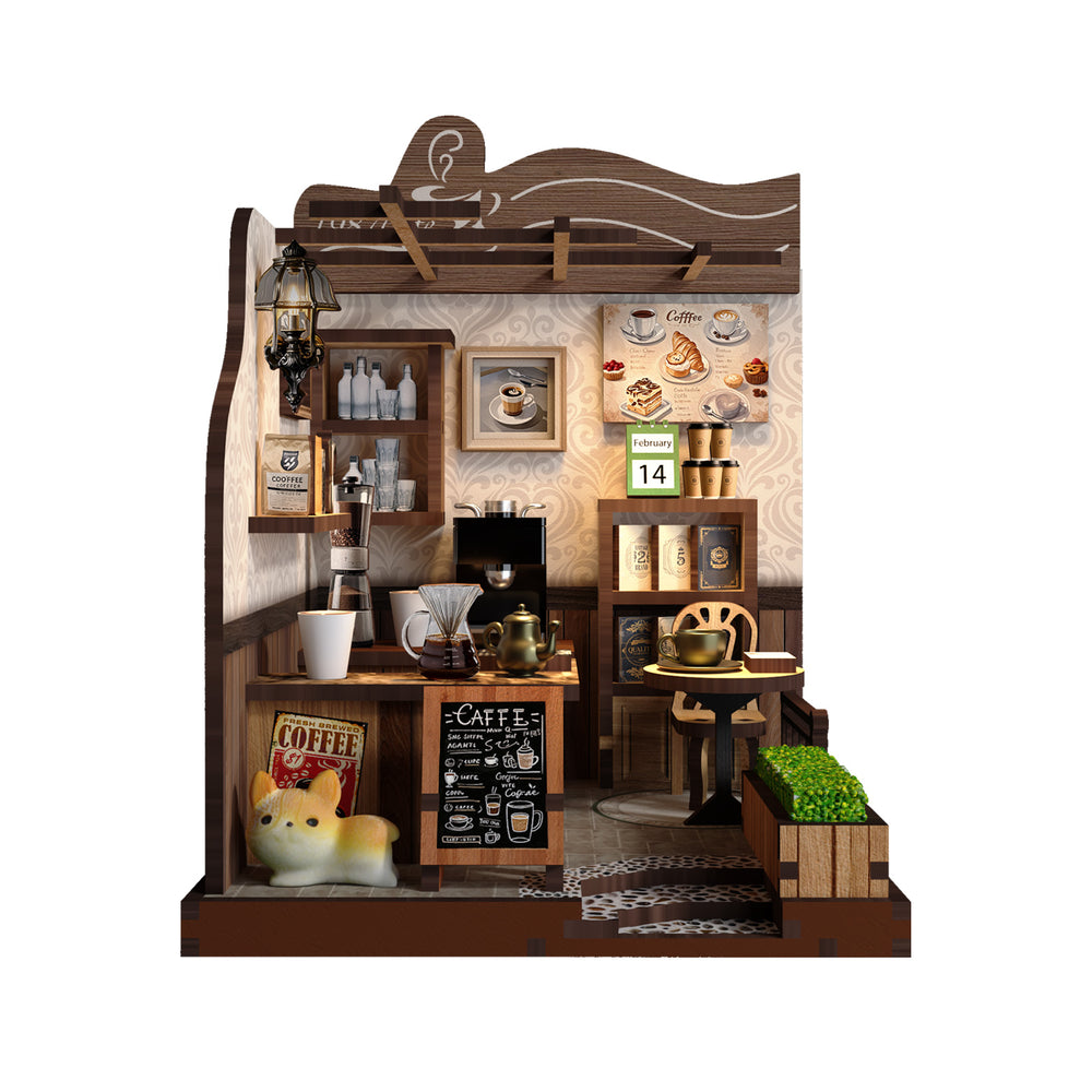 Miniature rural coffee shop model with shelves, coffee station, stove area, and menu cards