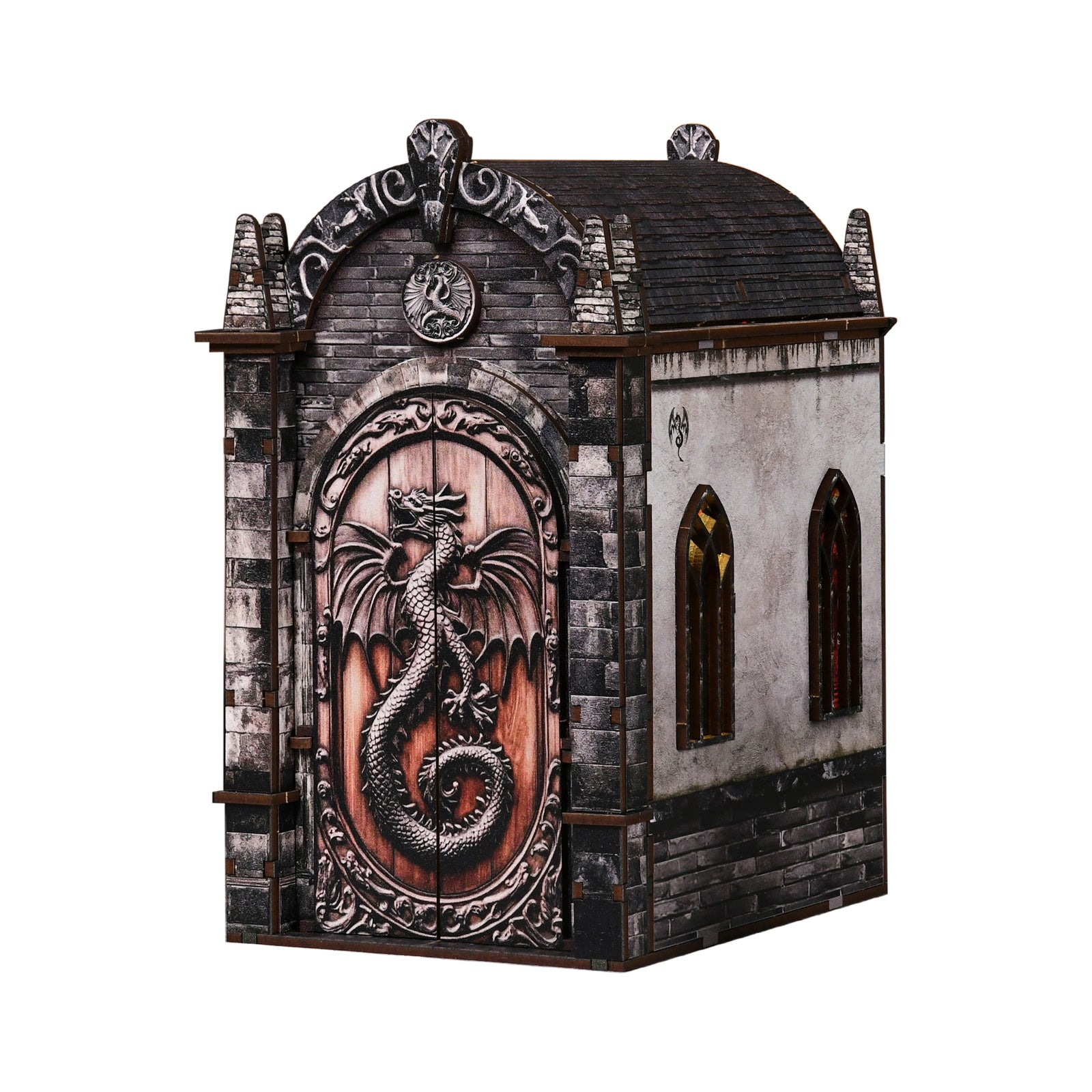 Labyrinth booknook house model with dragon emblem on the arched front