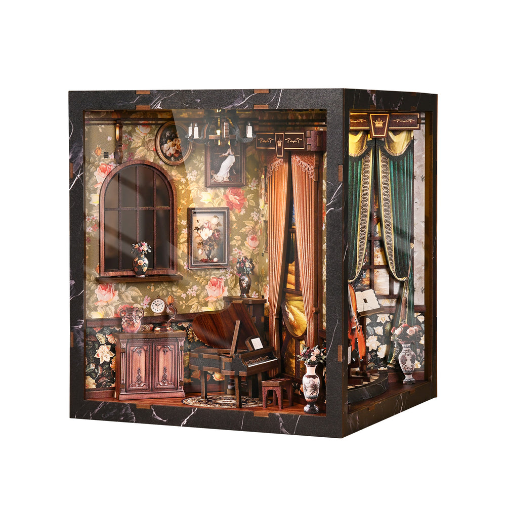 Miniature musical instrument display box corner view with mirror, sink, and curtains