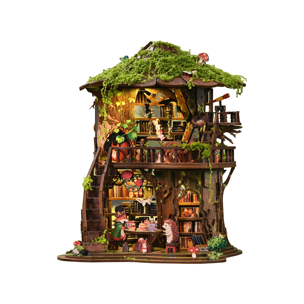 Assembled forest mini house with moss roof, warm light windows, and stacked shelves