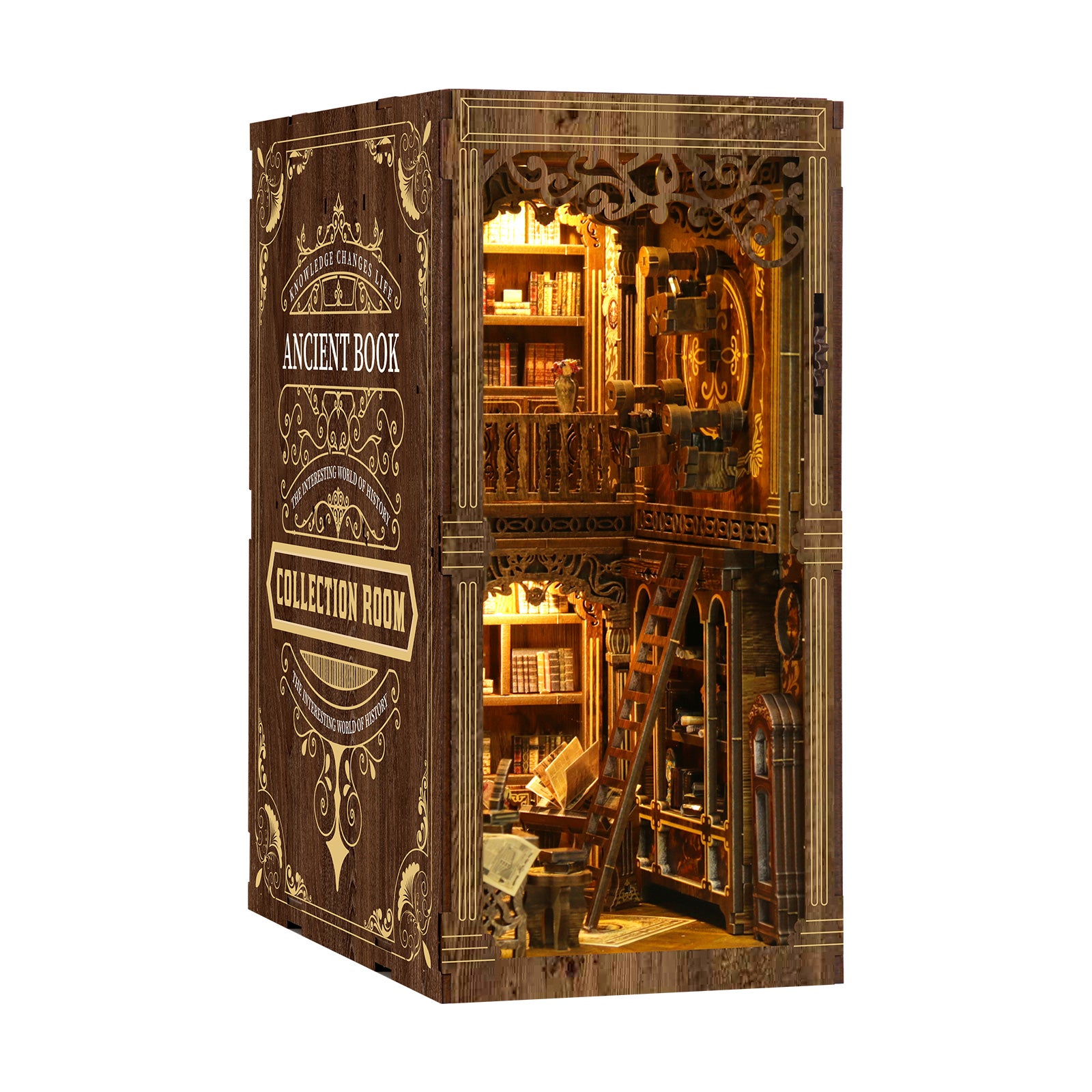 Antique book collection room kit box, dark brown with gold ornate room print