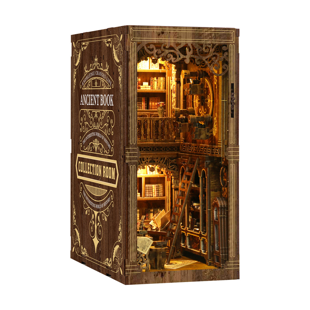 Antique book collection room kit box, dark brown with gold ornate room print