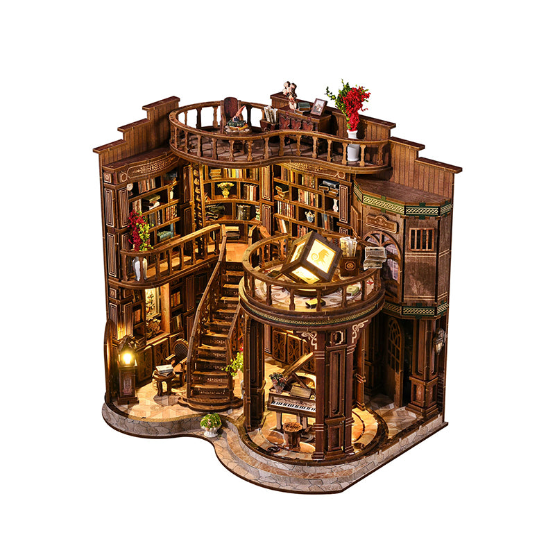 Miniature library hall dollhouse with spiral stairs, balcony railings, and warm interior light