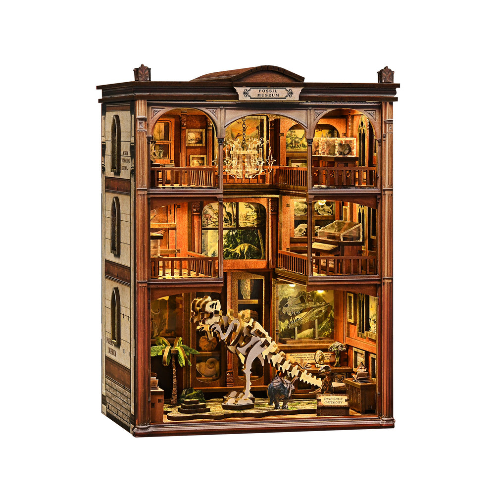 DIY miniature kit wooden museum building with arched openings and dinosaur skeleton scene