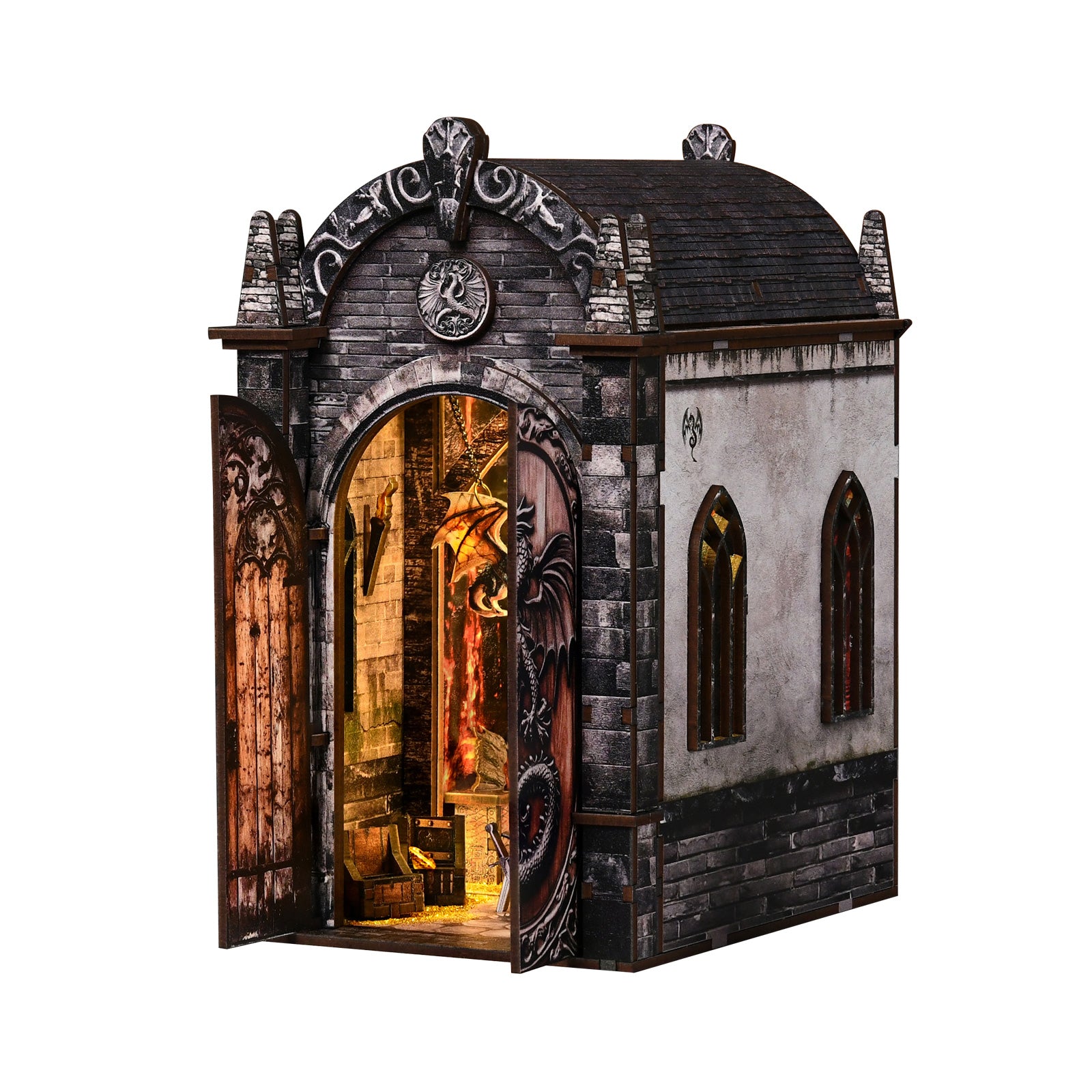 Dragon-themed DIY booknook labyrinth house kit with arched doorway and brick walls