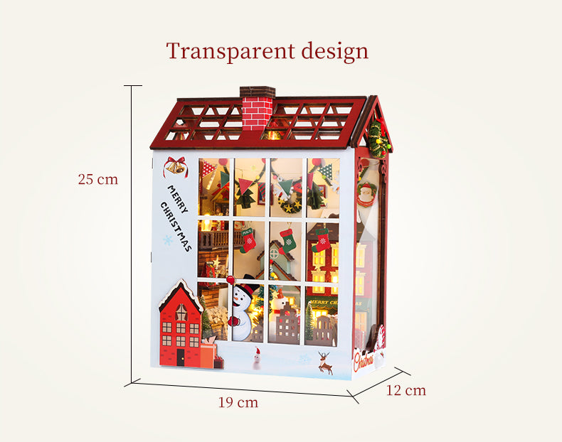 Red miniature Christmas book nook shelf insert with transparent front and roof opening, size diagram