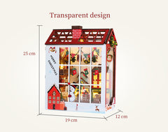 Red miniature Christmas book nook shelf insert with transparent front and roof opening, size diagram