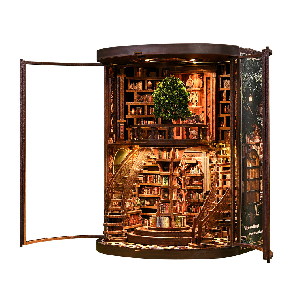 Miniature wooden book repository display with side door open to show stacked book shelves