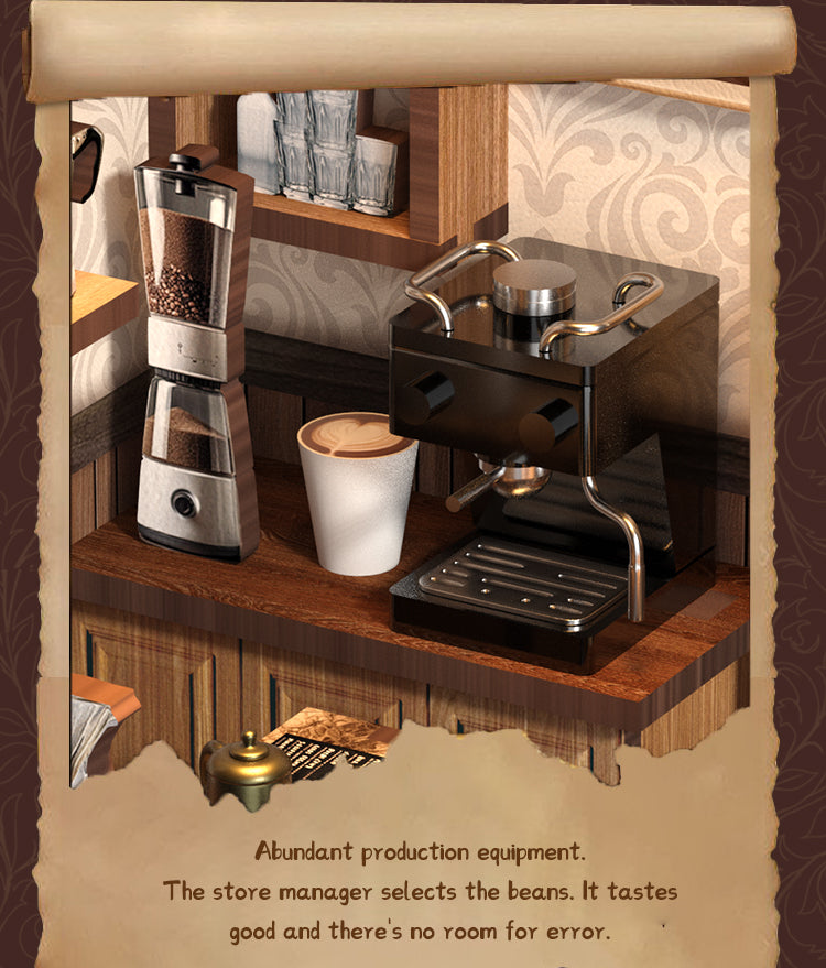 Cafe BookNook DIY miniature coffee shop kit: wooden counter with grinder and coffee machine.