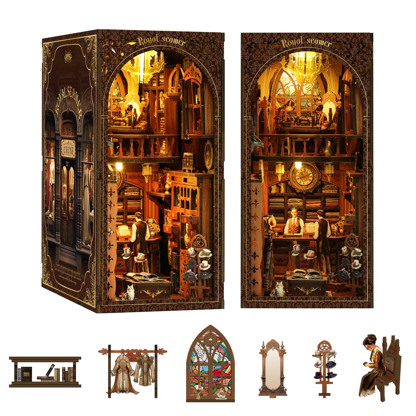 The image is a detailed miniature diorama depicting a Victorian-style shop or library, complete with bookshelves, a clock, and various other decorative elements.
