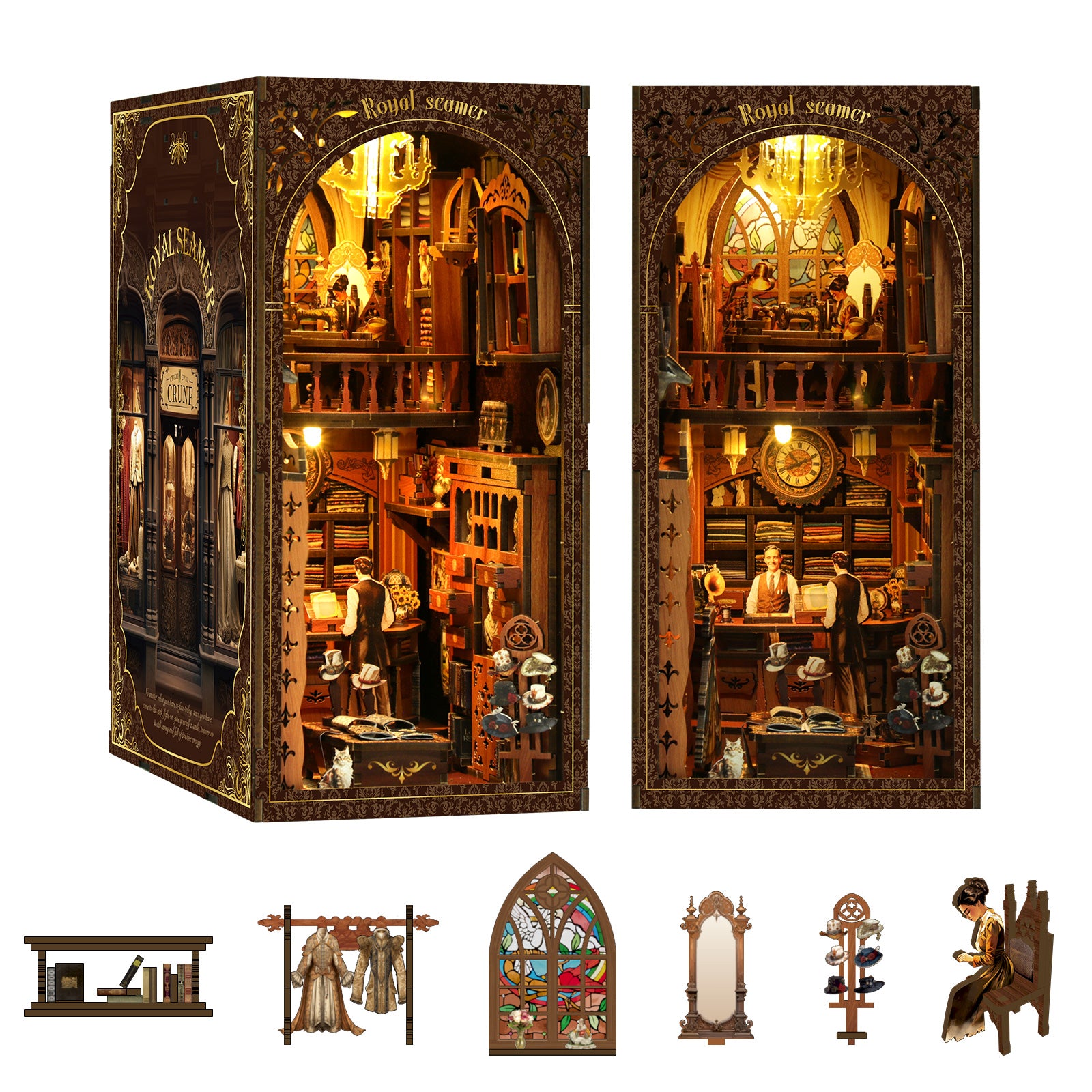 The image is a detailed miniature diorama depicting a Victorian-style shop or library, complete with bookshelves, a clock, and various other decorative elements.