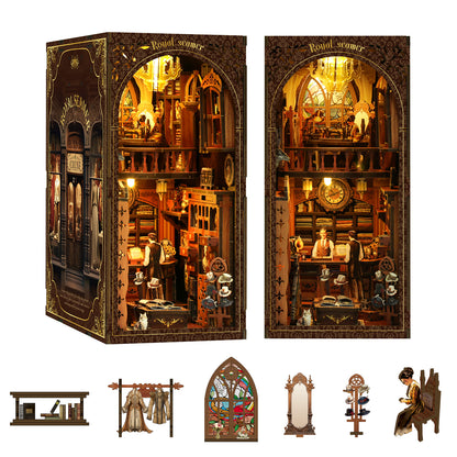 The image is a detailed miniature diorama depicting a Victorian-style shop or library, complete with bookshelves, a clock, and various other decorative elements.