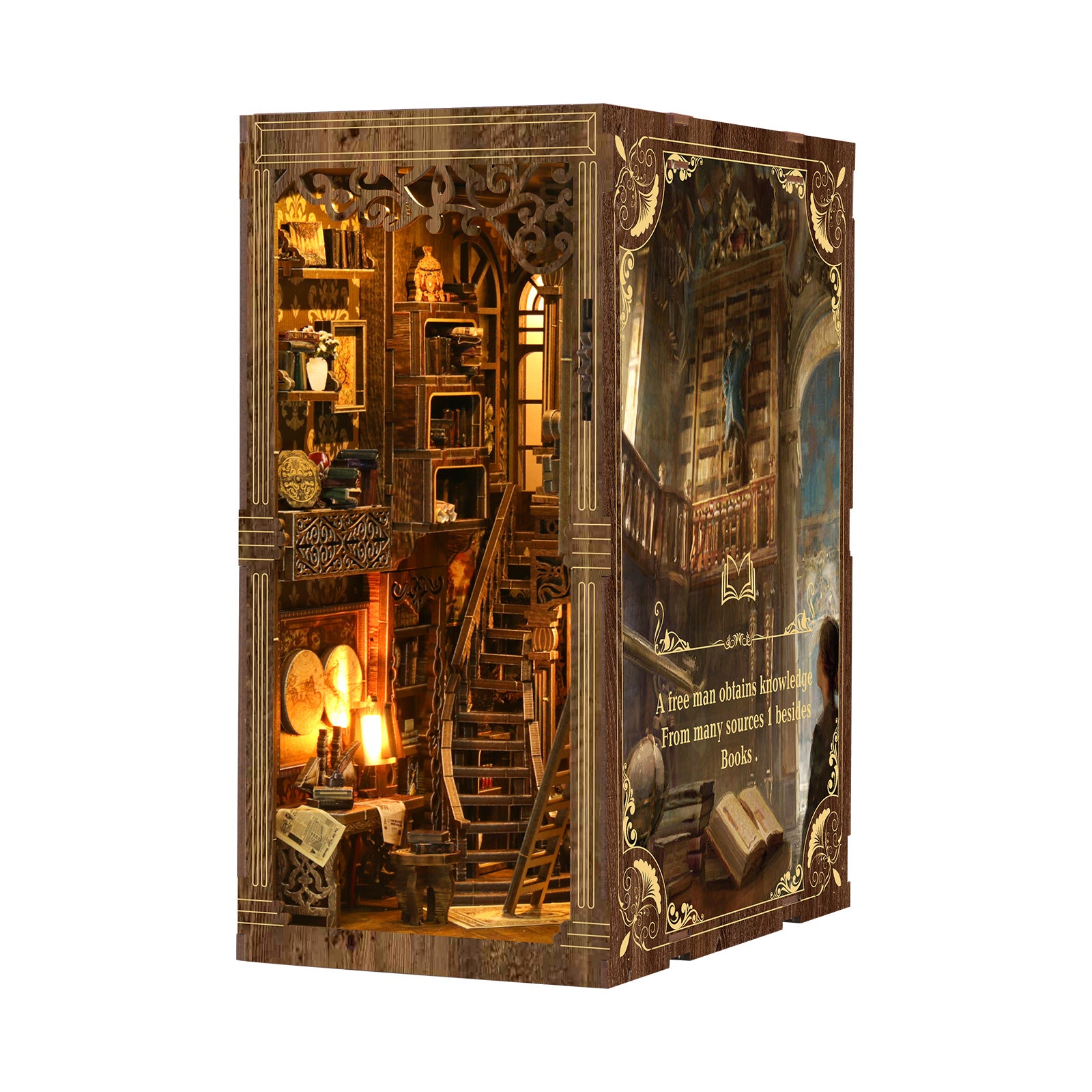 Antique book collection room kit diorama, open front with lit shelves and central staircase