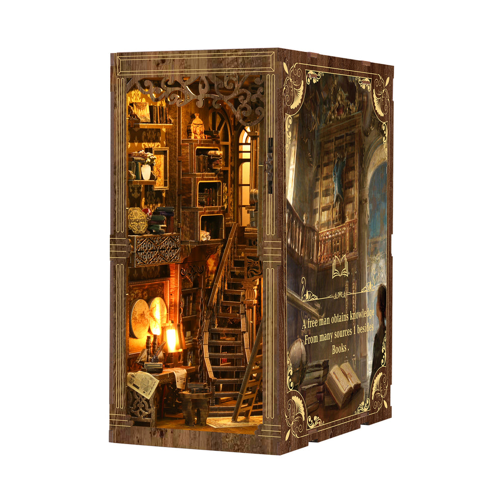 Antique book collection room kit diorama, open front with lit shelves and central staircase