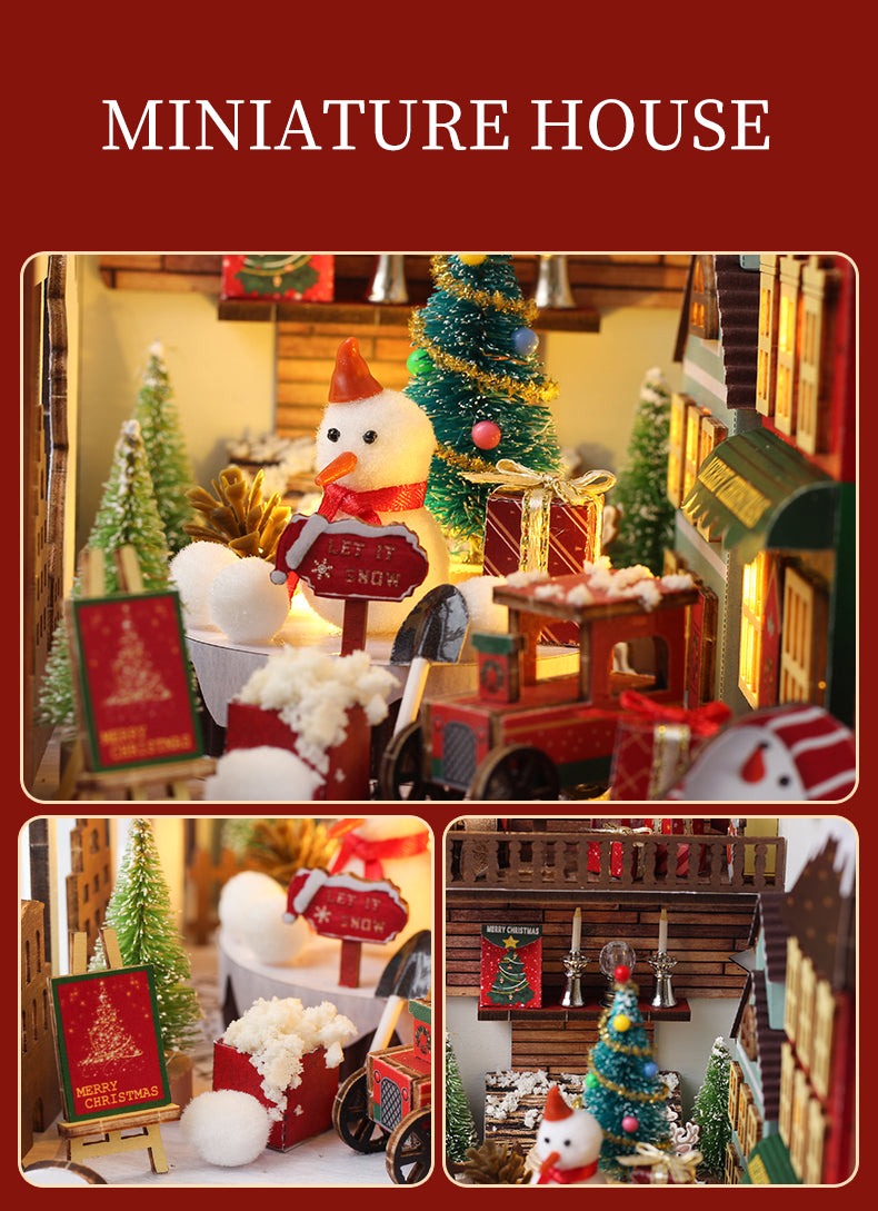 Miniature Christmas house shelf display with lit bookshelves, snowman, and small tree details