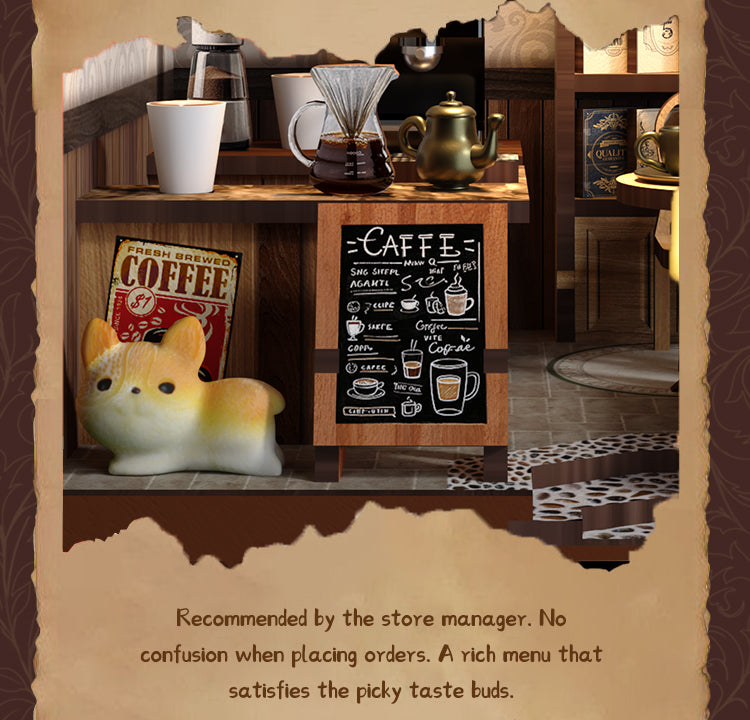 Cafe BookNook DIY miniature coffee shop kit: counter displays cups, kettle, and menu chalkboard.