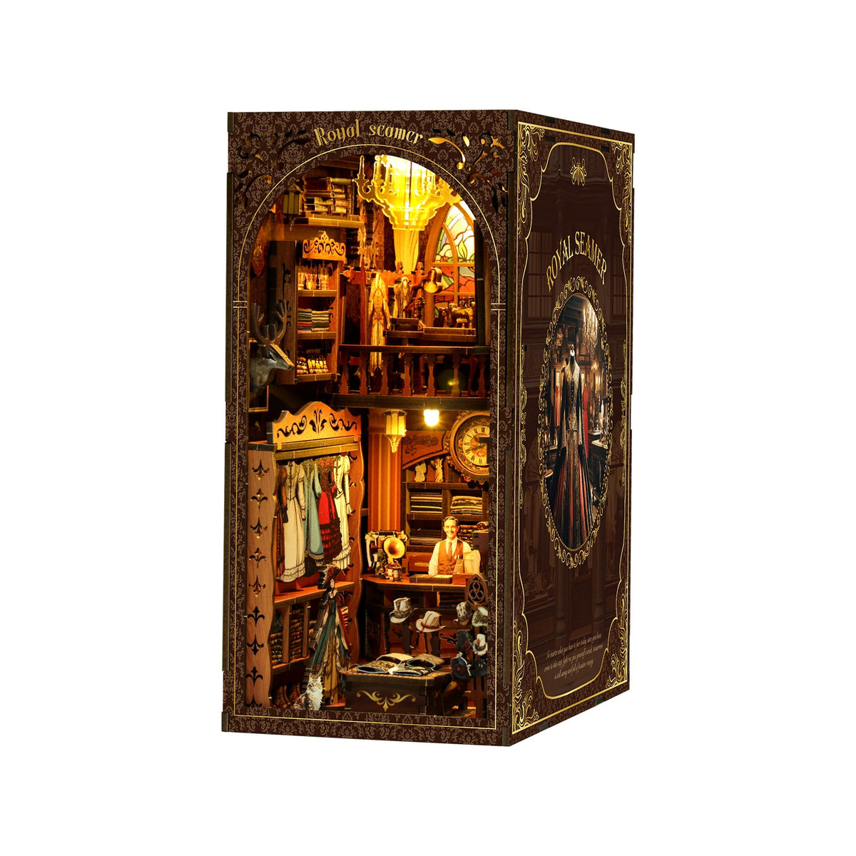 DIY book nook kit showing a lit miniature room interior with arched shelves