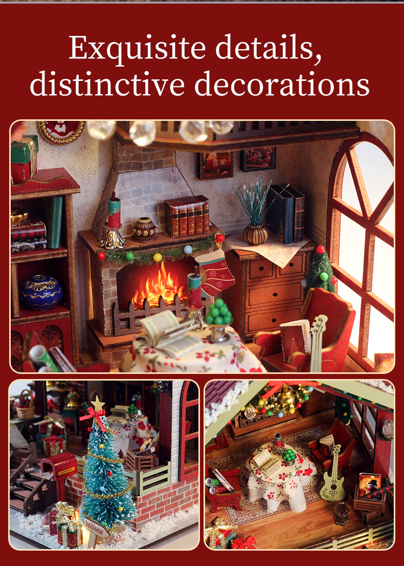 Christmas miniature dollhouse interior view with fireplace, bookshelves, and green tree