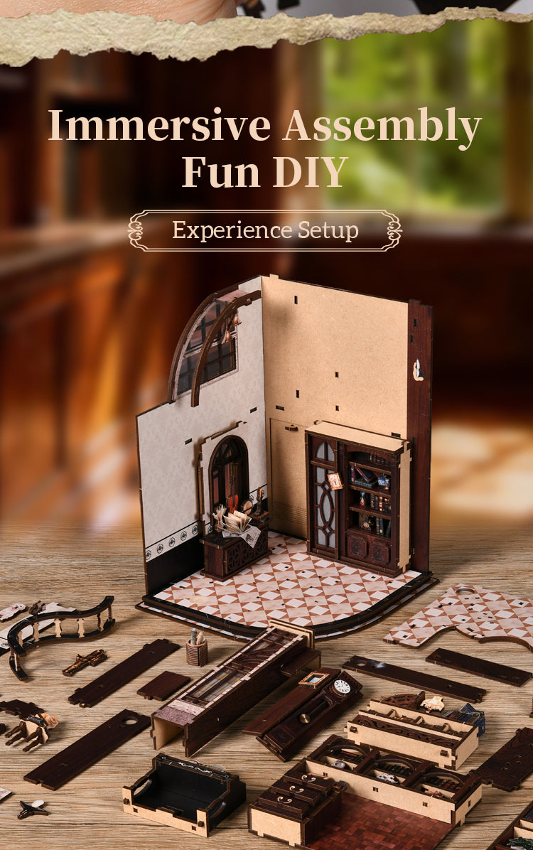 DIY miniature bookstore kit with open facade pieces and checkered tile platform base.